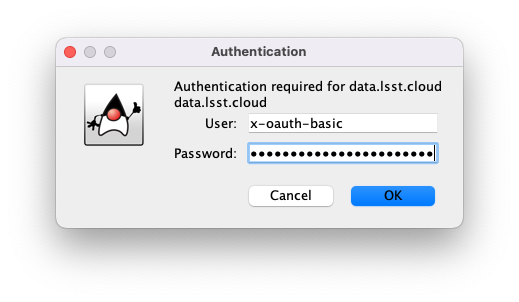 A screenshot of the Authentication window. The user has been filled in with a value of x-oauth-basic, and the password is shown (for security purposes) as a series of filled black circles.