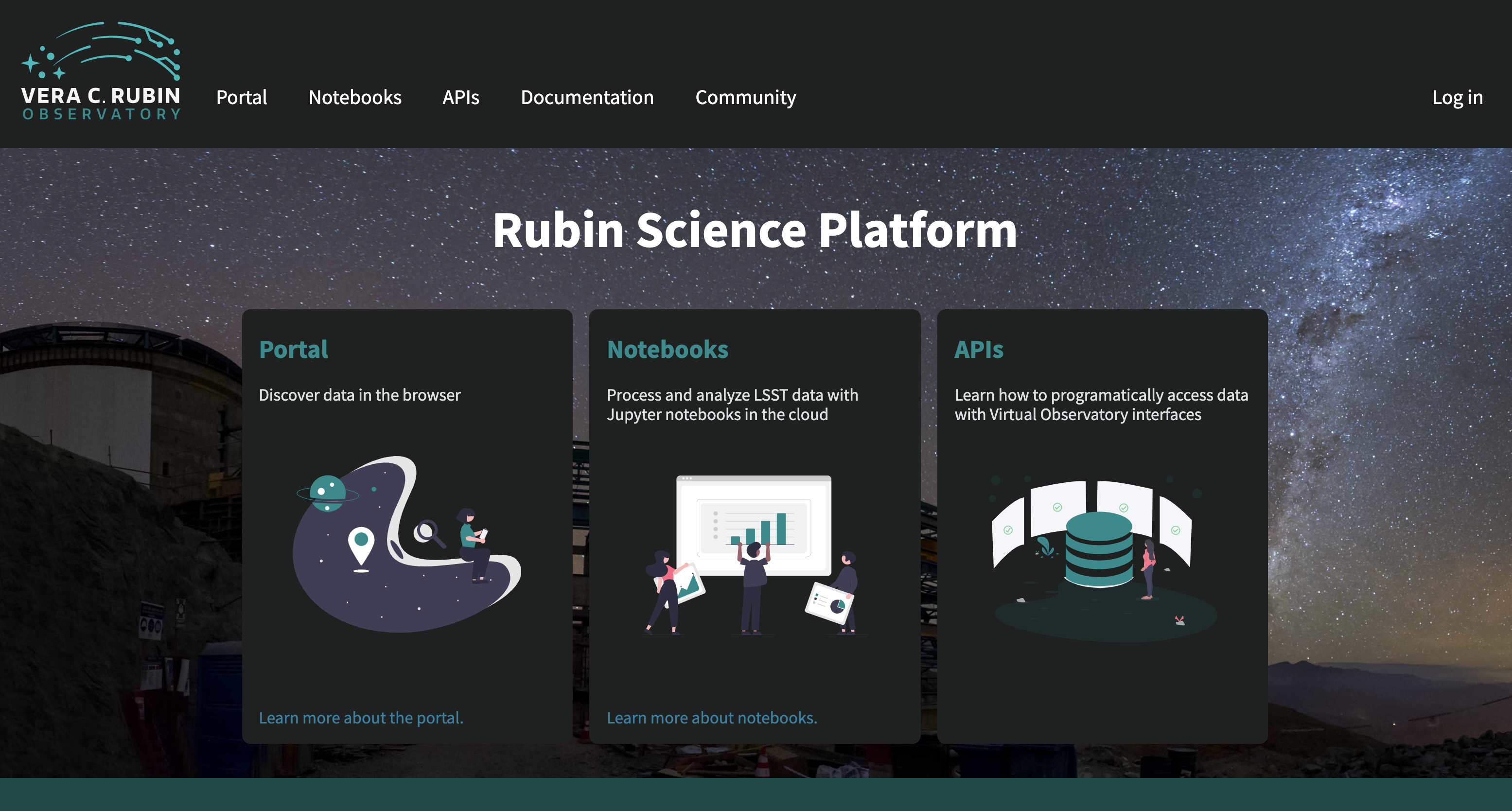 Screenshot of the rubin science platform login screen.  Image has a menu on the top for the user to select the portal, notebooks, api, documentation, or community forum. The center of the image shows three panels to allow the user to select the portal, notebook, or API apsects.