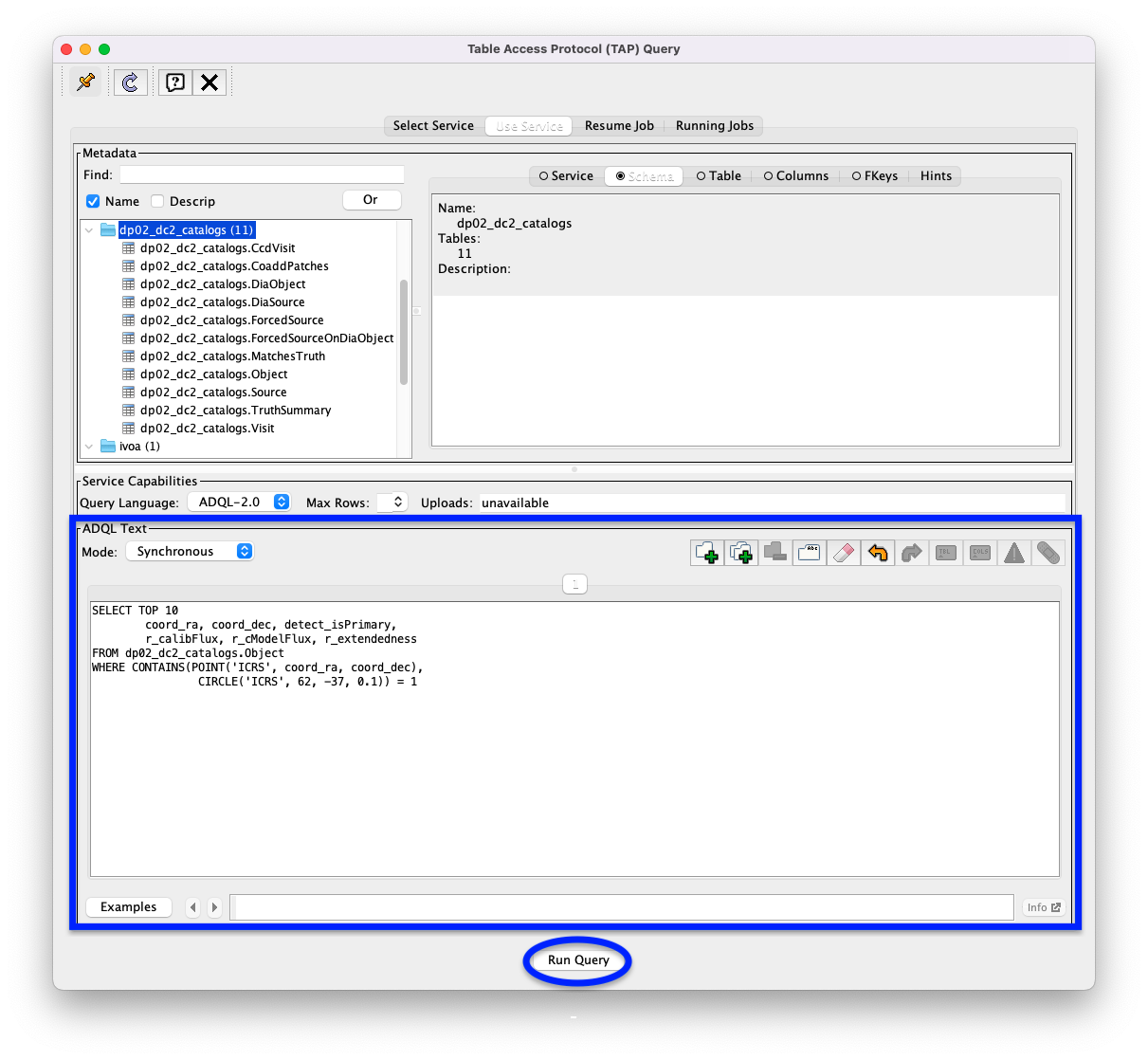 A screenshot of the Table Access Protocol (TAP) Query window. A list of DP0.2 tables is shown in the top, Metadata panel. A simple ADQL query is shown in the bottom, ADQL Text panel. A blue rectangle highlights the ADQL Text panel. A blue oval highlights the Run Query button. The ADQL Text panel and the "Run Query" button are highlighted with a blue rectangle and a blue oval, respectively.