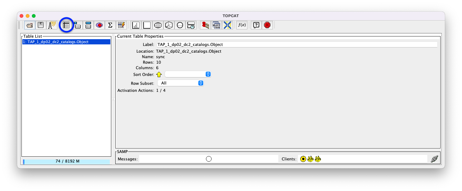 A screenshot of the main TOPCAT window.  It is composed of four main parts. 1. A row of icons along the top of the window.  2. A Table List panel on the left of the window; this currently shows one table, called TAP_1_dp02_dc02_catalogs.Object, and it is highlighted.  3. A Current Table Properties panel on the right of the window. 4. A small SAMP panel just below the Current Table Properties panel. The "Display table cell data" icon is indicated by a blue circle.