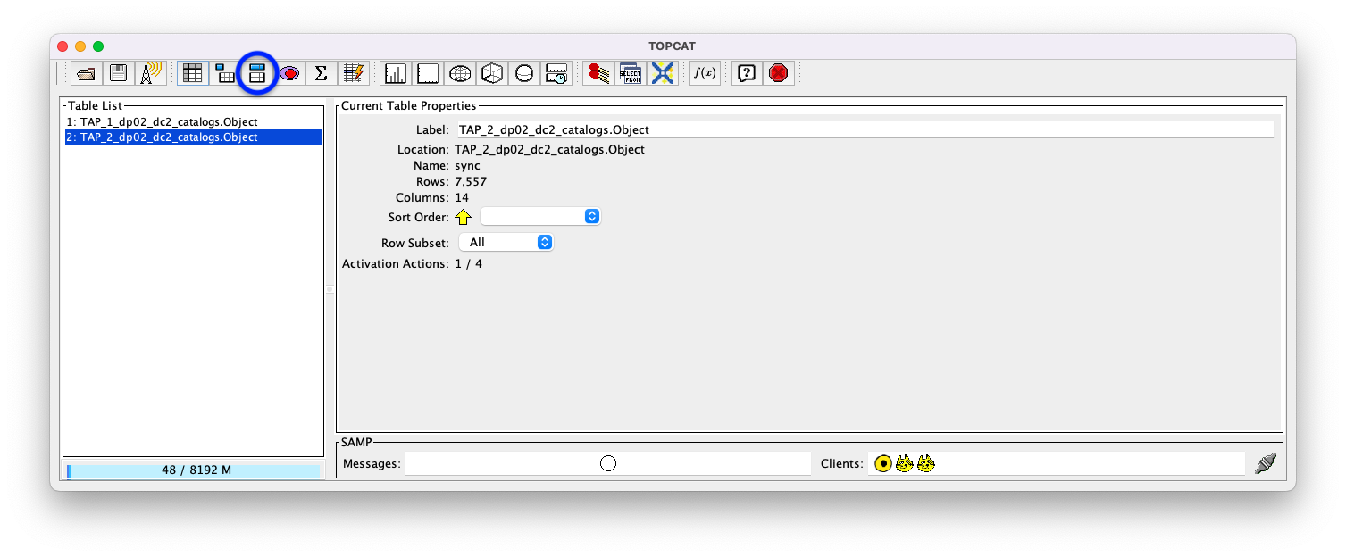 A screenshot of the main TOPCAT window.  It is composed of four main parts. 1. A row of icons along the top of the window.  2. A Table List panel on the left of the window; this currently shows two tables, called TAP_1_dp02_dc02_catalogs.Object and TAP_1_dp02_dc02_catalogs.Object; the second table is highlighted. 3. A Current Table Properties panel on the right of the window. 4. A small SAMP panel just below the Current Table Properties panel. The  "Display column metadata" icon circled in blue.