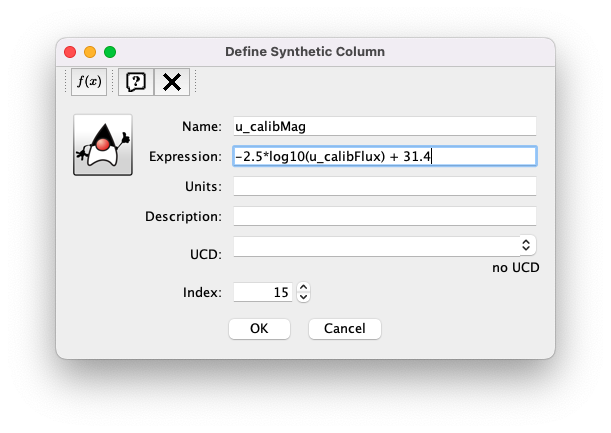 A screenshot of the Define Synthetic Column window. Shown are the user-input values for the name and the expression for the column.  In this particular case, the name is u_calibMag and the expression is the equation for converting flux in nano-janskys to AB magnitudes, where the flux is u_calibFlux.