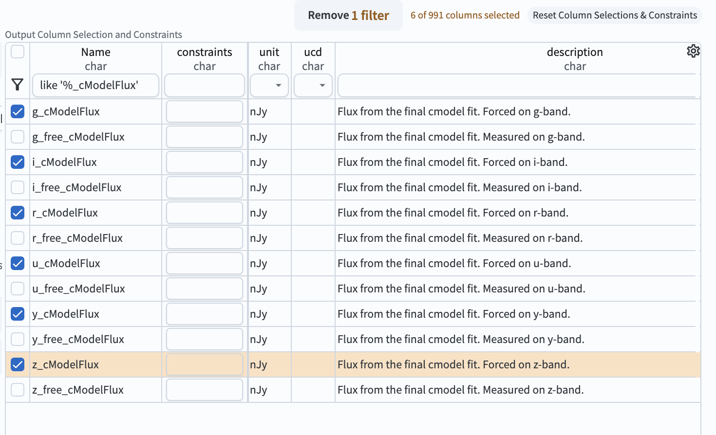 Selecting columns from the schema interface.