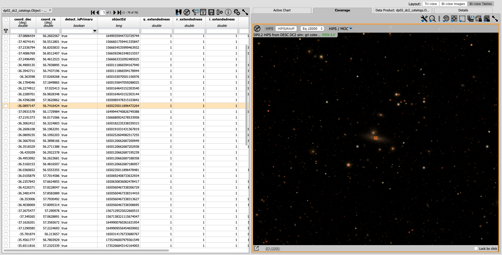 A screenshot of the image display for the elongated galaxy and table results.