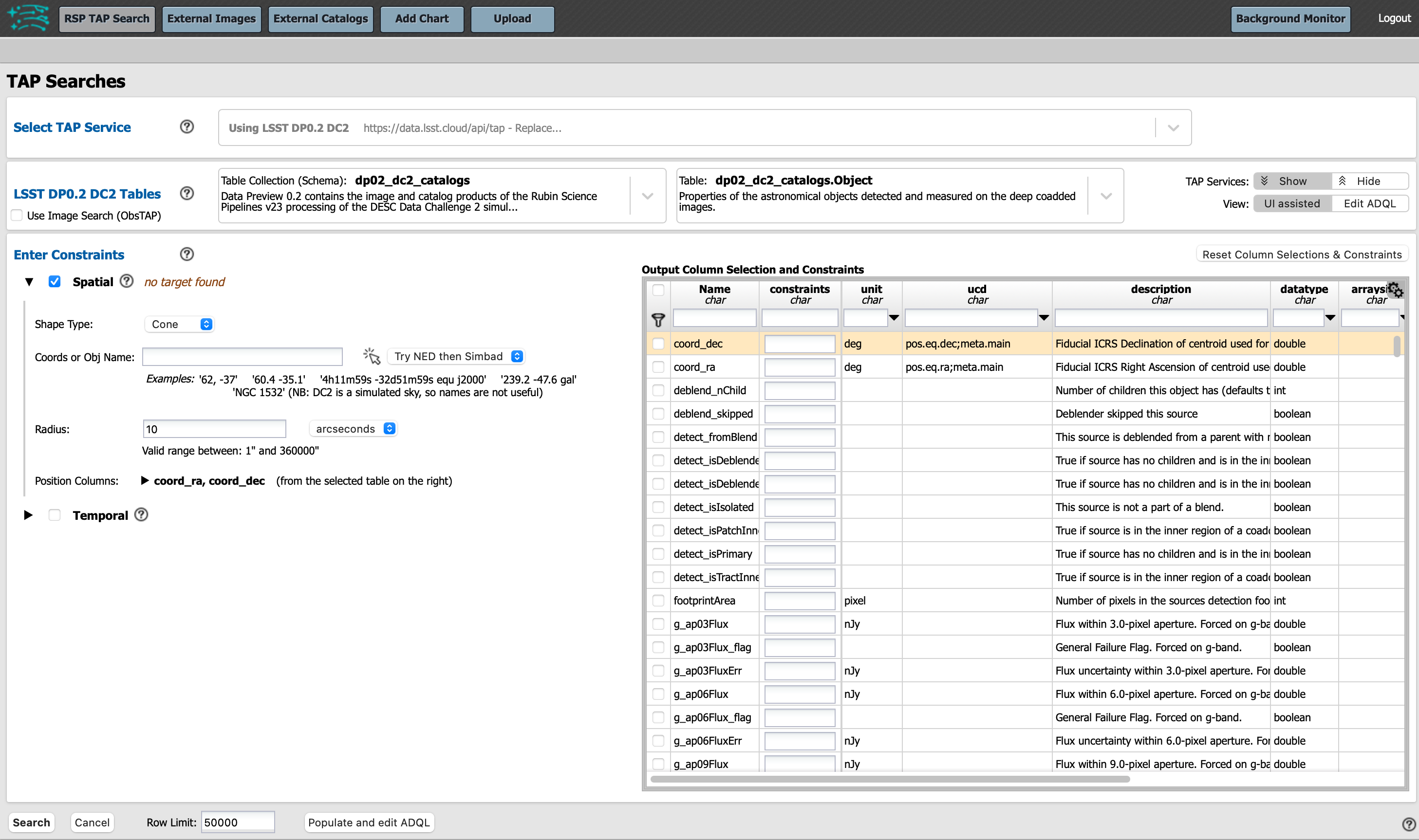 Screenshot of the default view of the rubin science platform portal interface for single table queries. From this window the user can select the type of search, tables to search, select various constraints, and can select the number of rows to return.