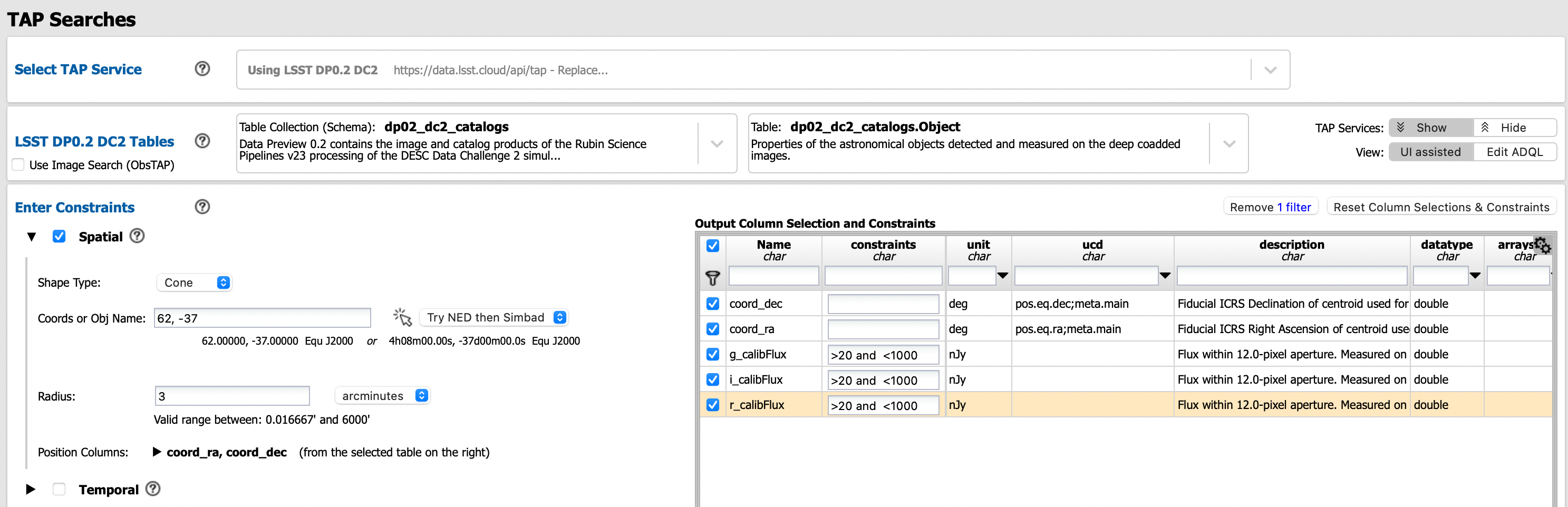 Screenshot of the rubin science platform portal query page.  The user can select the type of service, the table from which to gather data, and select attributes from the table and put constraints on those attributes.  The user may also select the number of data entries to return.