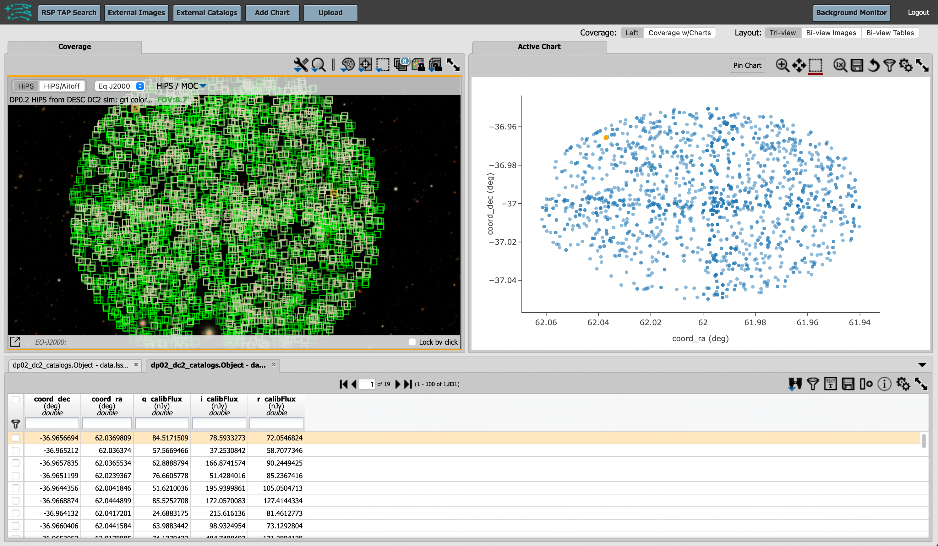 Rubin science platform portal search results are displayed in this image.  The left top panel shows an image of the sky.  The right to panel has a scatter plot of objects and the bottom panel shows the data table from the search.
