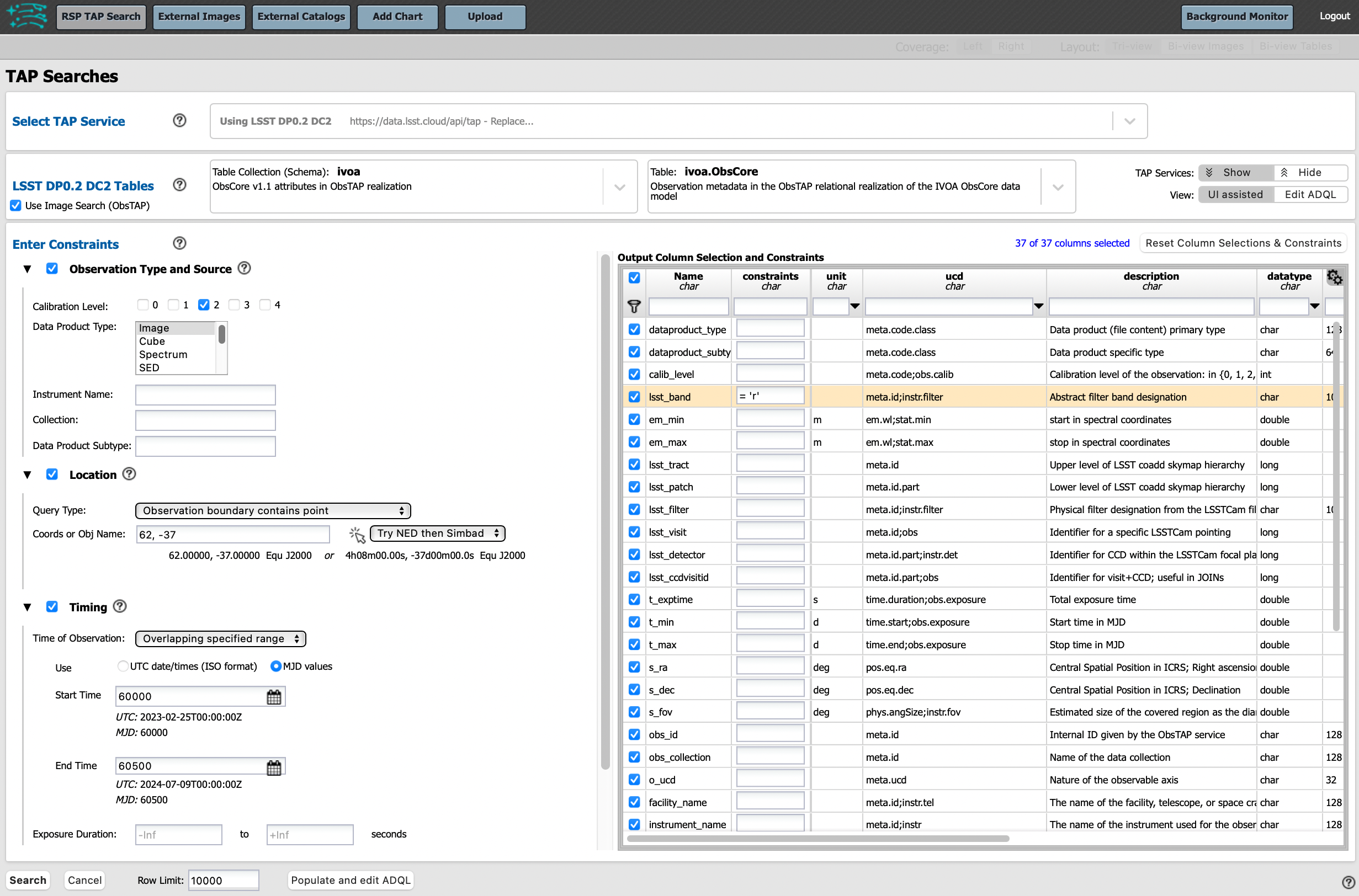 Screenshot of the user interface query for the portal aspect.  The user can select the type of service to use for the query and enter constraints to access the data they need.
