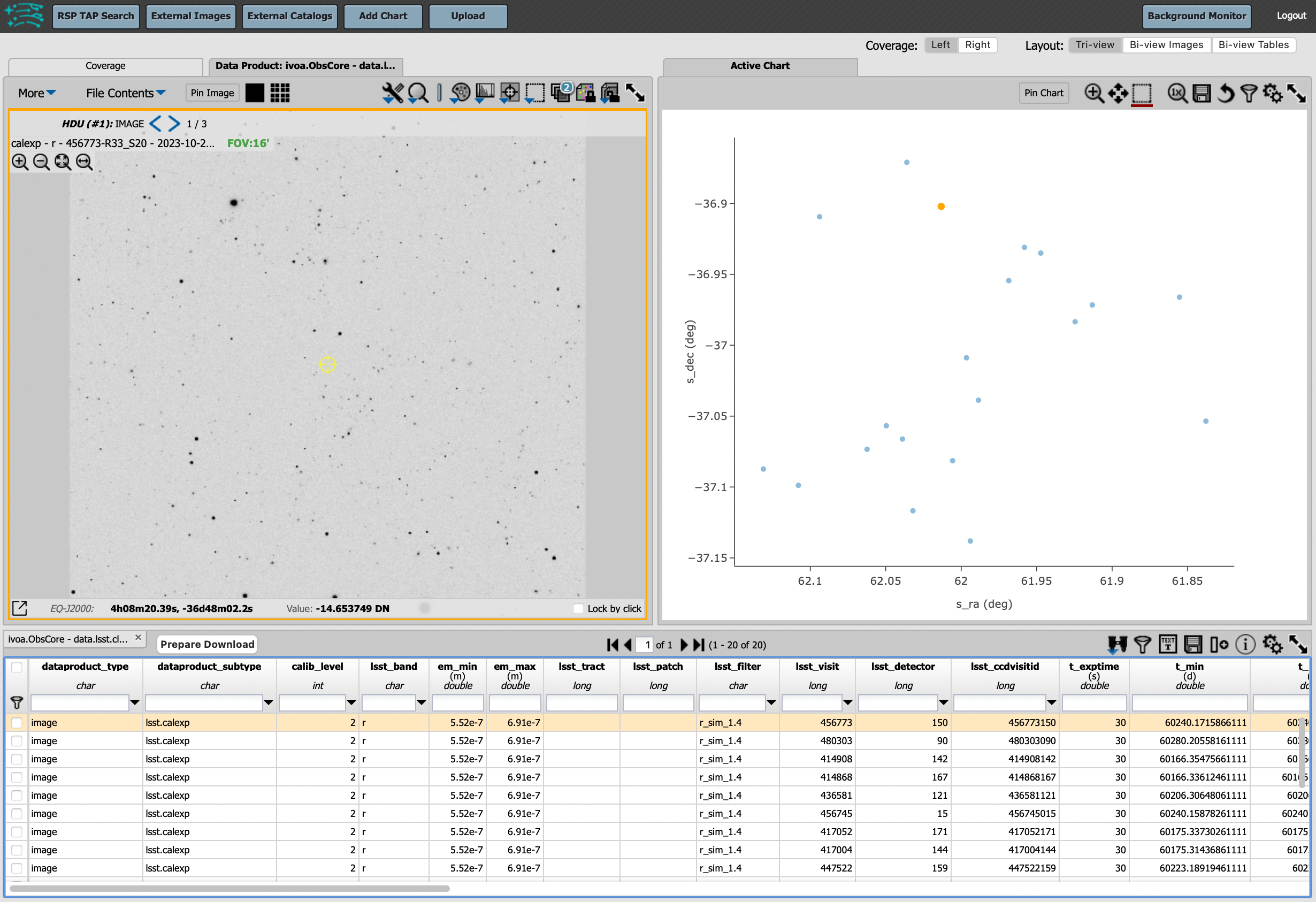 A screenshot of the results view from submitting the query described above.  The upper left image is an image of the sky.  The upper right image shows the cartesian scatter plot resulting from the query.  The bottom section is the data table resulting from the query.