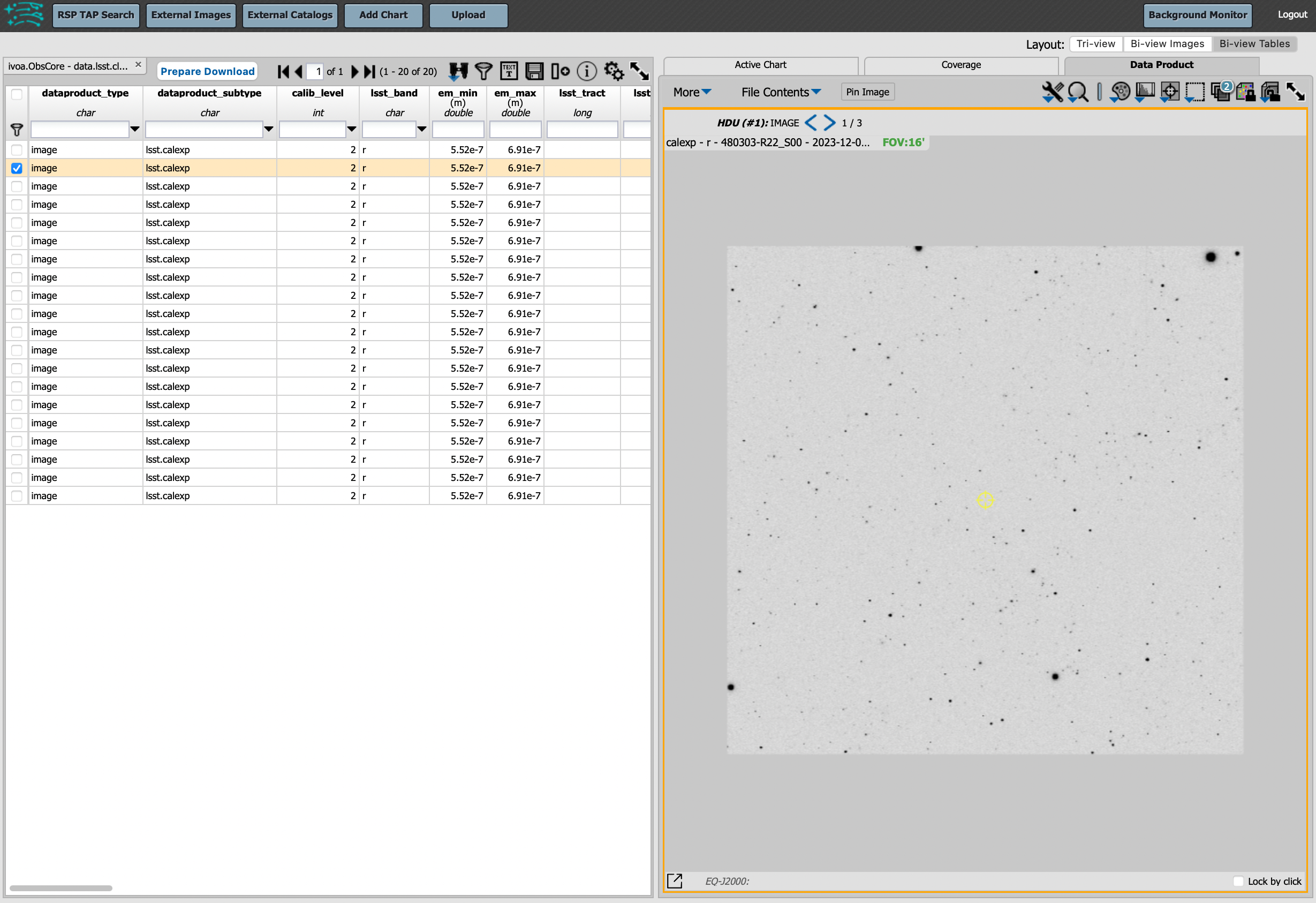 Screenshot of a portal query.  The left image shows and image of the sky.  The right image shows the data table with one row selected, that row selects the image on the left.