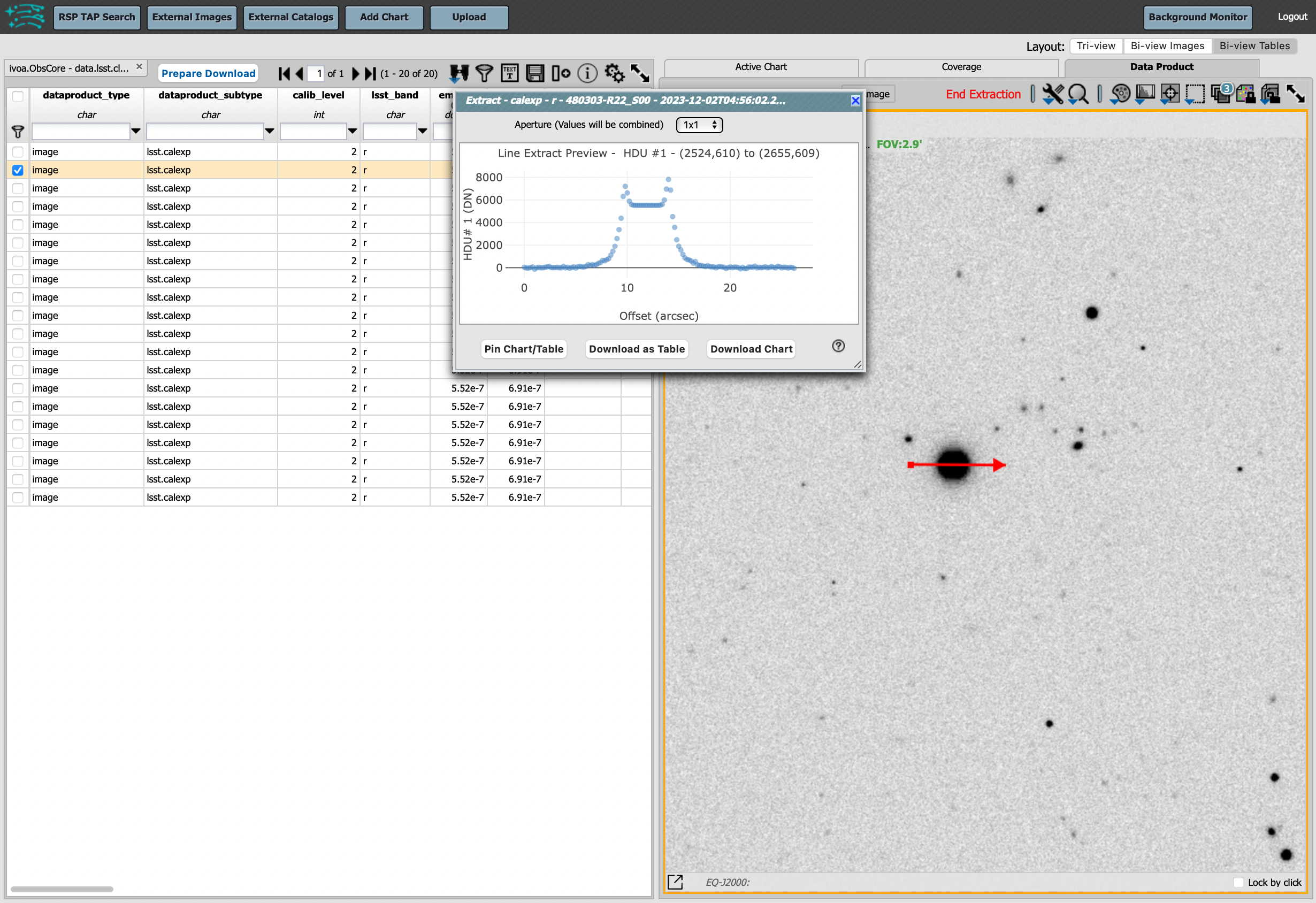 A screenshot of the image display used to extract a line cut in the portal. On the left, is an image of the sky with an inverted color lookup table. There is one large star in the image.  A horizontal arrow has been manually drawn over it by the user.  A data table is to the right. Sitting over the data table is a graph, constructed from the red arrow, showing data numbers versus offset in arcseconds.