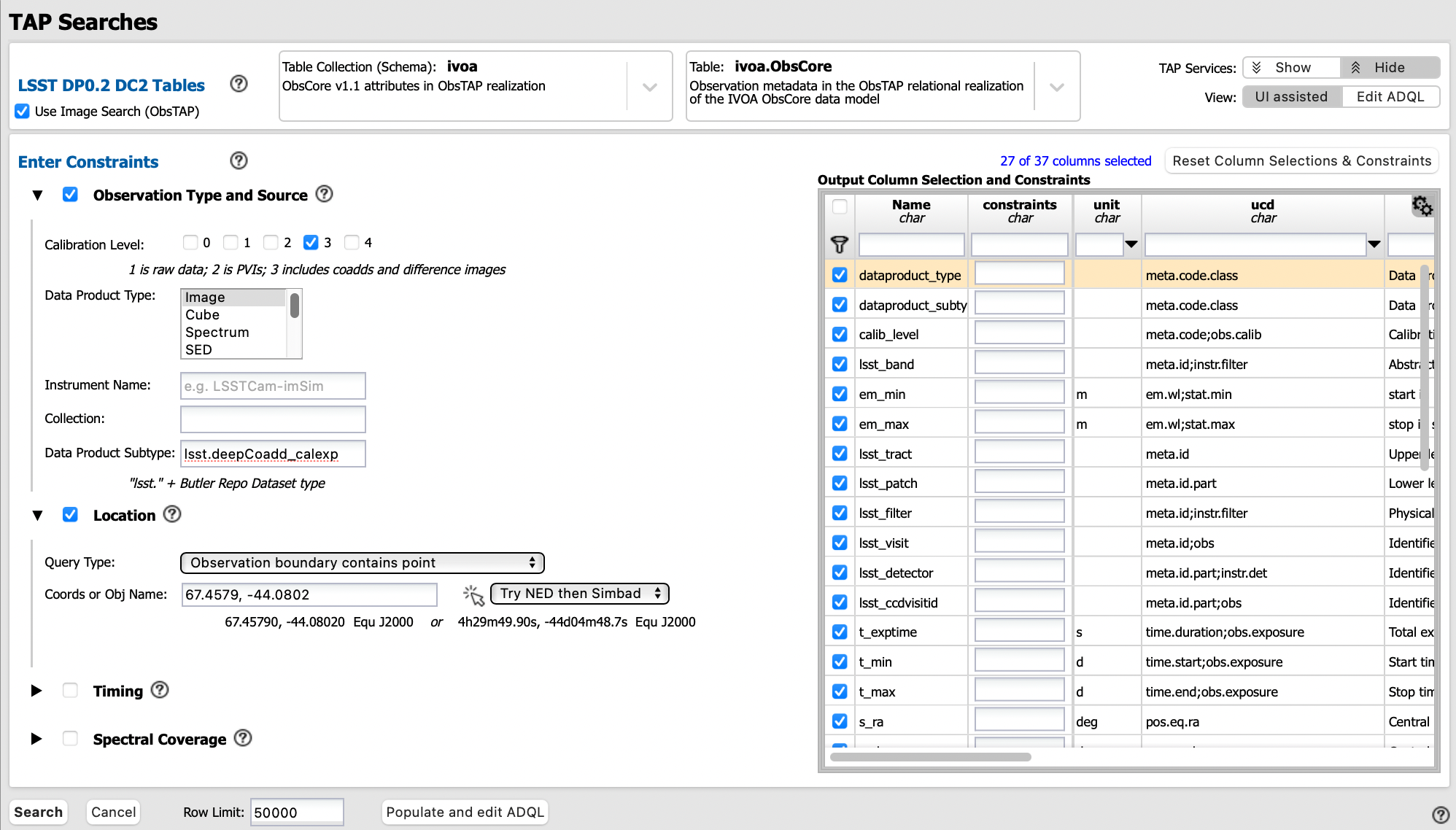 The default view of the RSP Portal’s user interface is shown in this image. From this window a user can select information to customize their search parameters for type of service, type of tables, search constraints, and select the number of rows to return.