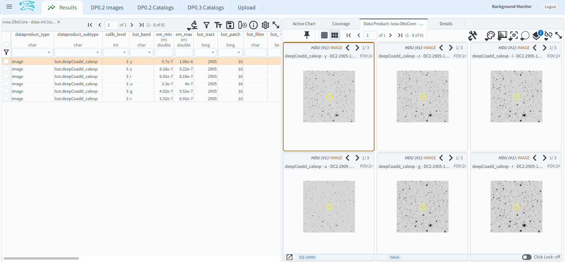 A screenshot of the default view for image display of six separate co-add images. The side panel on the right has a list of each of the coadd images and some of the descriptive information for the images.