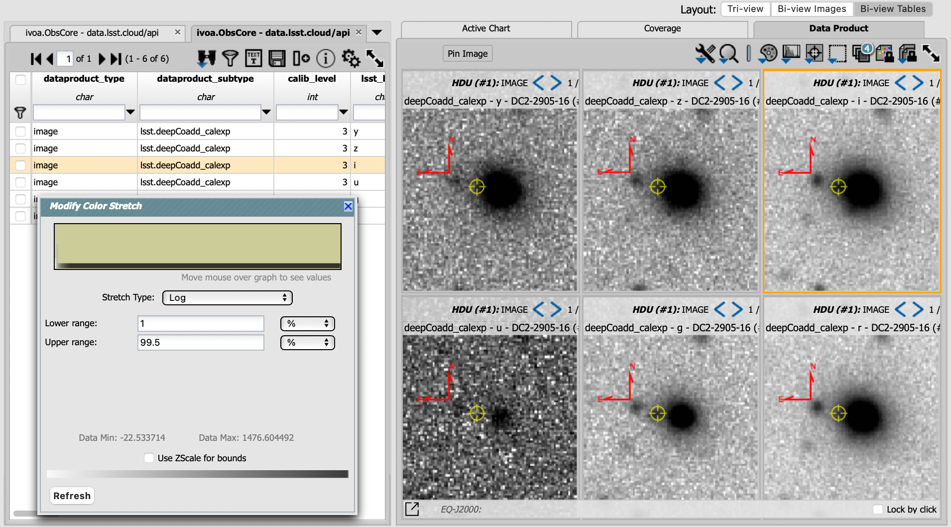Six panel displays each of which shows a close up zoom of the supernova and possible host galaxy. To the right of the display is a pop-up window to modify the settings for the images.  The settings allows the user to select type type of stretch and the range used for the stretch.
