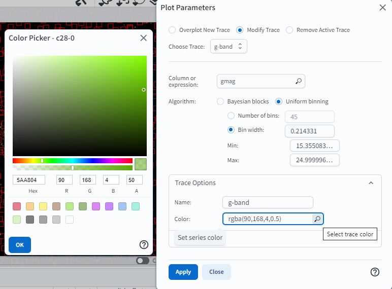 A screenshot of the plot parameters and color picker pop-up windows showing how to adjust the visual aspects of the histograms.