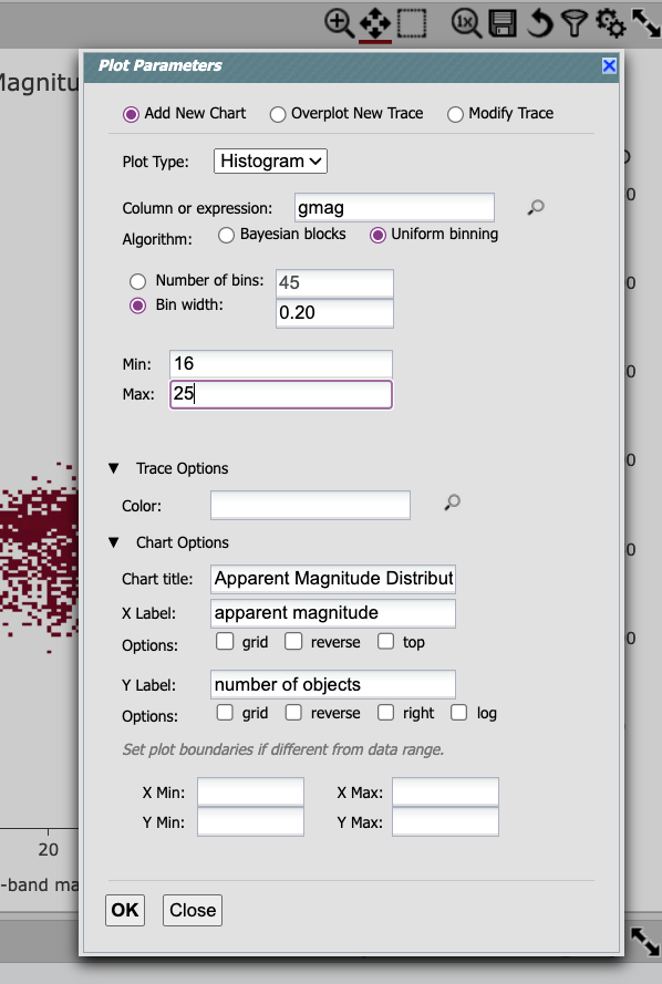 A screenshot of the plot parameters pop-up window showing how the parameters should be set to create the histogram.