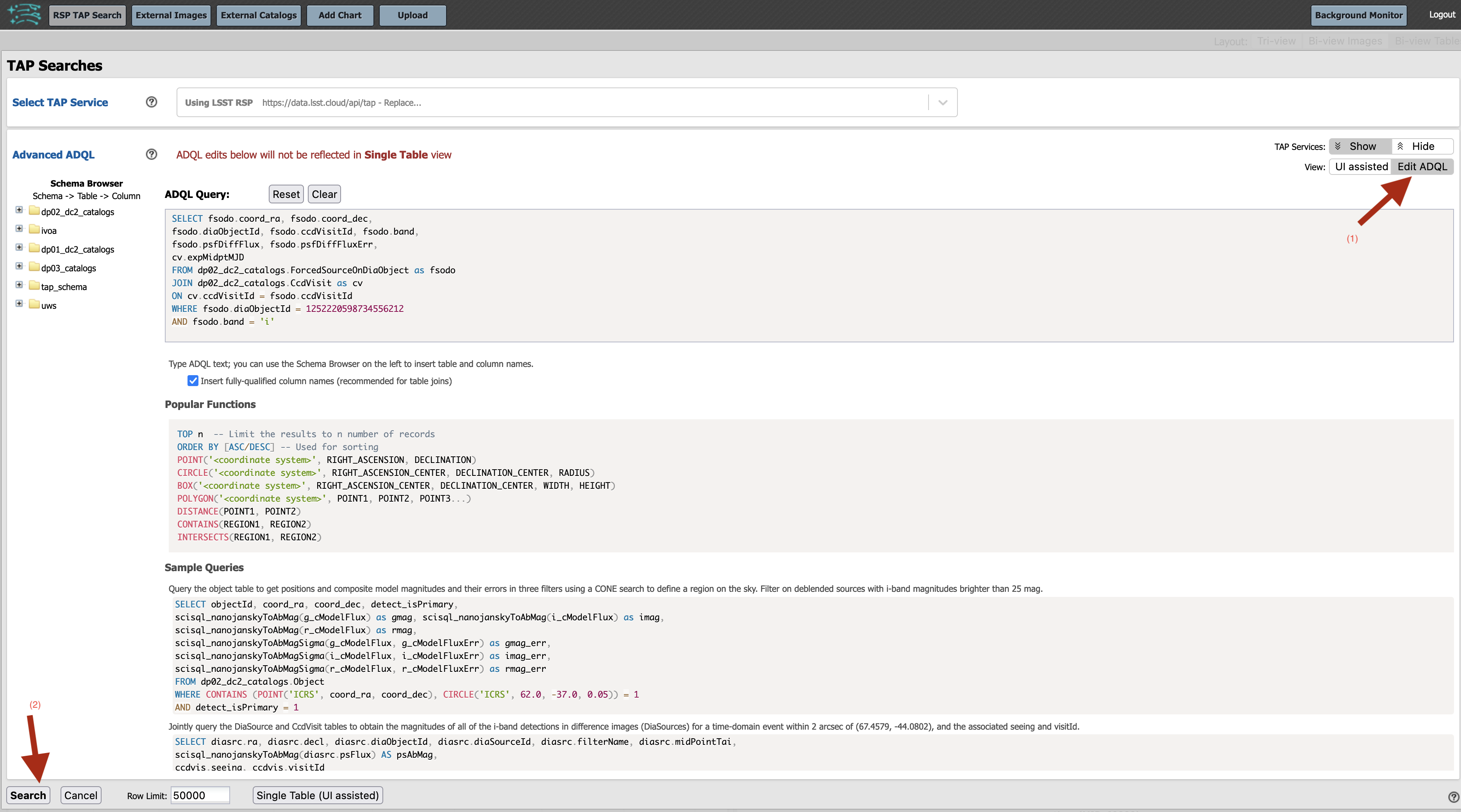 A screenshot of the ADQL Query view of the Portal user interface.