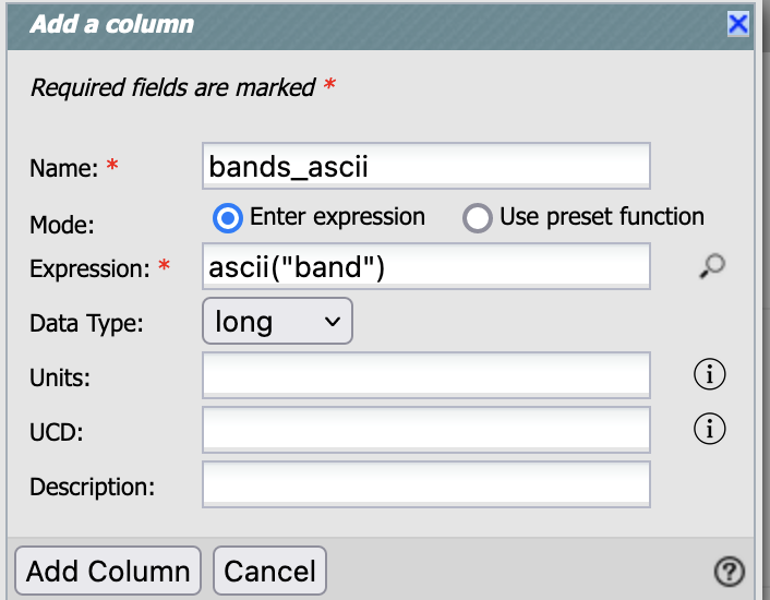 A screenshot of the pop-up window for adding a new column that is the ascii for the band.