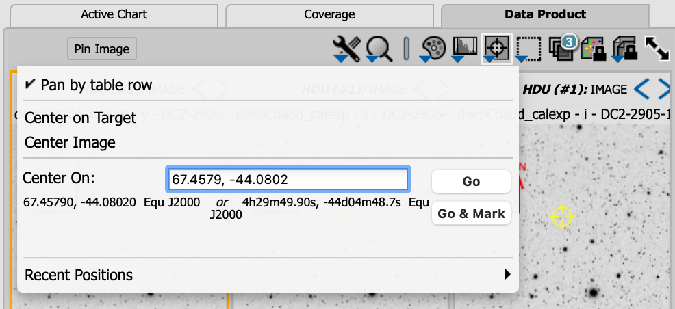 This image is a pop up selection box and pan by table row is selected.  The center of the selection box allows the user to enter the coordinates on which to center the image. In this case, the quote Center on unquote coordinates are for the known position of a supernova. To the right of the input area are buttons for go and go and mark, which will mark the coordinate position on the resulting image