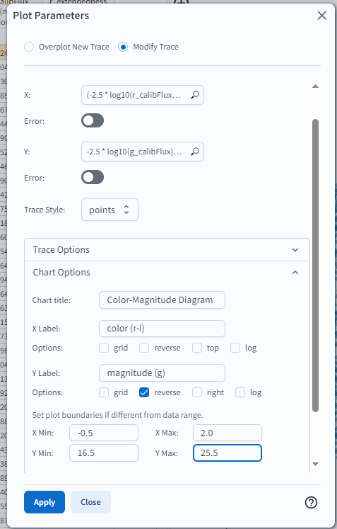 A screenshot of the portal aspect showing the interface that allows the user to create charts from the data returned by the query. Creating plots from the data in this way is an easy and functional way to explore the data. The interface allows the user to: input functions of the returned data to plot, choose a color scheme, edit the binning, create labels and edit the axis scaling.
