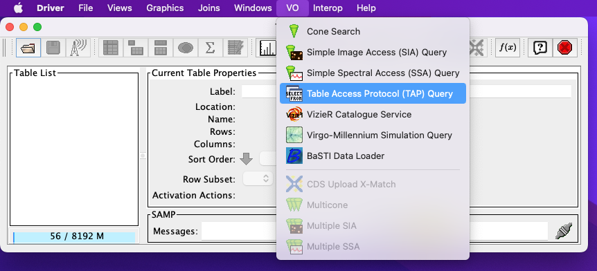 A screenshot of the main TOPCAT window with the Table Access Protocol item highlighted by the cursor under the VO drop-down menu.