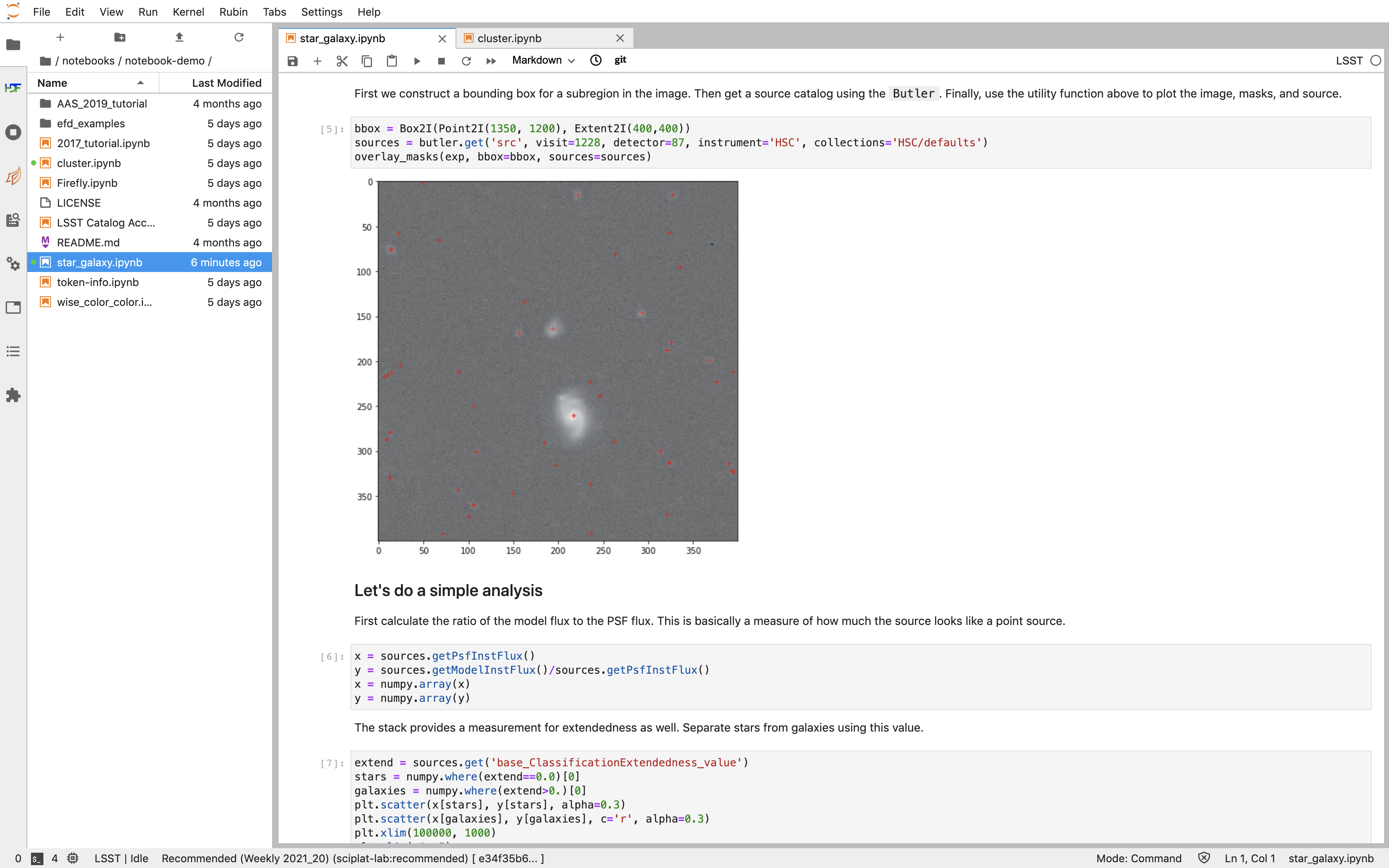 This image is a screenshot of tutorial notebook 01, titled introduction to DP0.2. The notebook has been scrolled down to Section 3.3, which contains both markdown text and code cells which have been executed. The last code cell has produced a greyscale image of a rich galaxy cluster. Across the top of the notebook there is a menu bar of actions for users. Actions include save notebook, set cell type, and insert, cut, copy, paste, run, or interrupt cells.