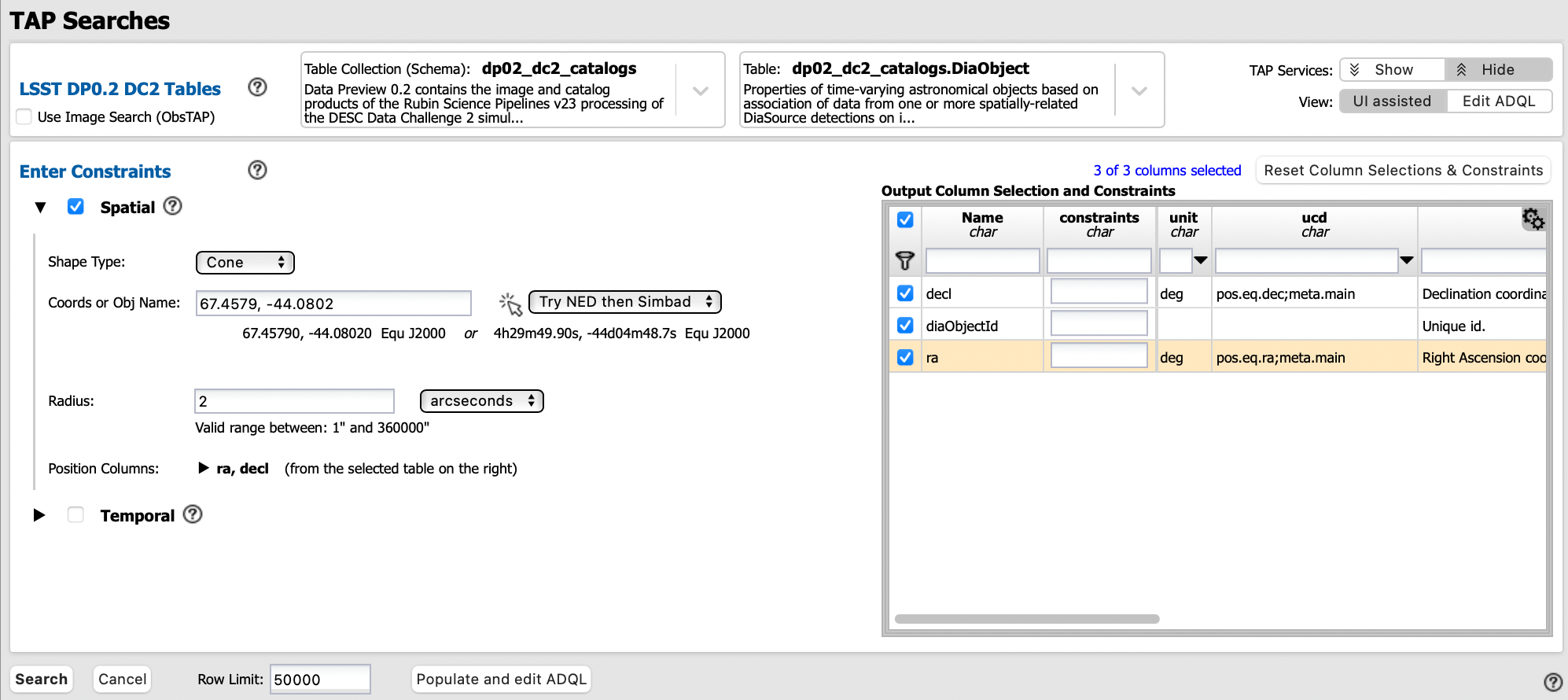 Screenshot of RSP portal interface DC2 difference image analysis object catalog query. Within this dialog box, the user can select the type of search, the image table collections, and various parameters to select information under investigation. (?)