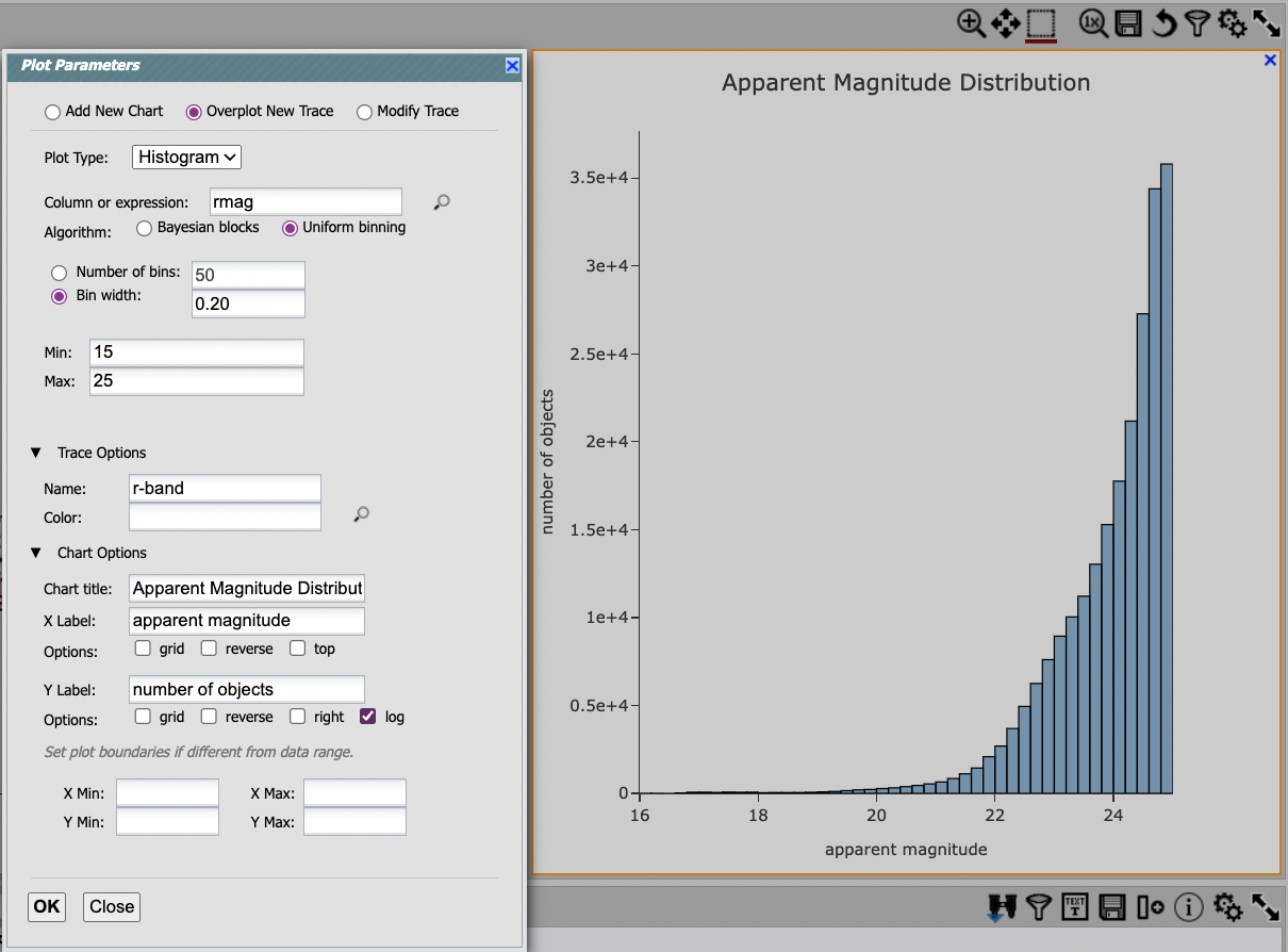 A screenshot of the plot parameters pop-up window showing how to overplot a new trace and add the r-band histogram.