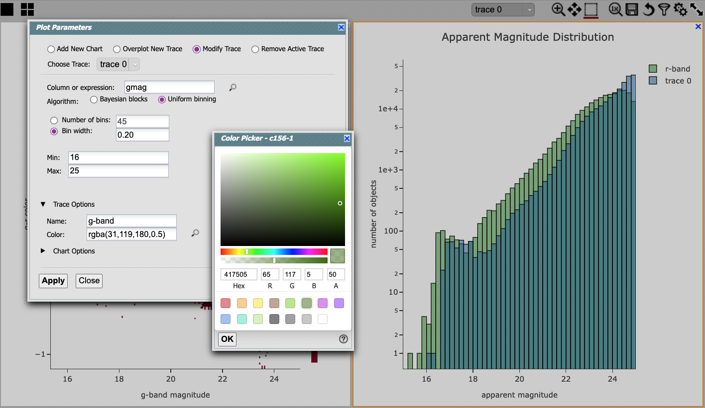 A screenshot of the plot parameters and color picker pop-up windows showing how to adjust the visual aspects of the histograms.