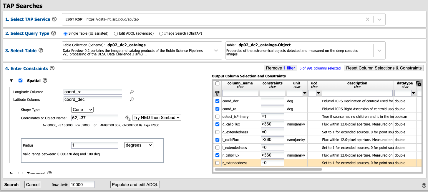 A screenshot of how to input search criteria in the portal aspect. The portal is a convenient way to query the Rubin database through a graphical user interface without any python or command line scripting. Each row is a separate category characterizing the tap search criteria to be used, including: the tap service; the query type; the table collection and specific table to be used and the constraints to be used for the query. The portal search can be performed by hitting the search button on the bottom left.