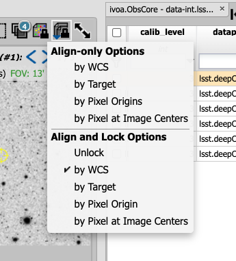 Image alignment dropdown is clicked which is the icon second from the right. A menu appears with nine alignment and locking options. Align and lock options by WCS is selected.