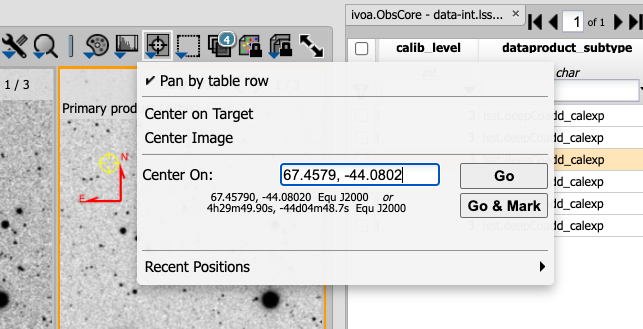 This image is a pop up selection box and pan by table row is selected.  The center of the selection box allows the user to enter the coordinates on which to center the image. In this case, the quote Center on unquote coordinates are for the known position of a supernova. To the right of the input area are buttons for go and go and mark, which will mark the coordinate position on the resulting image