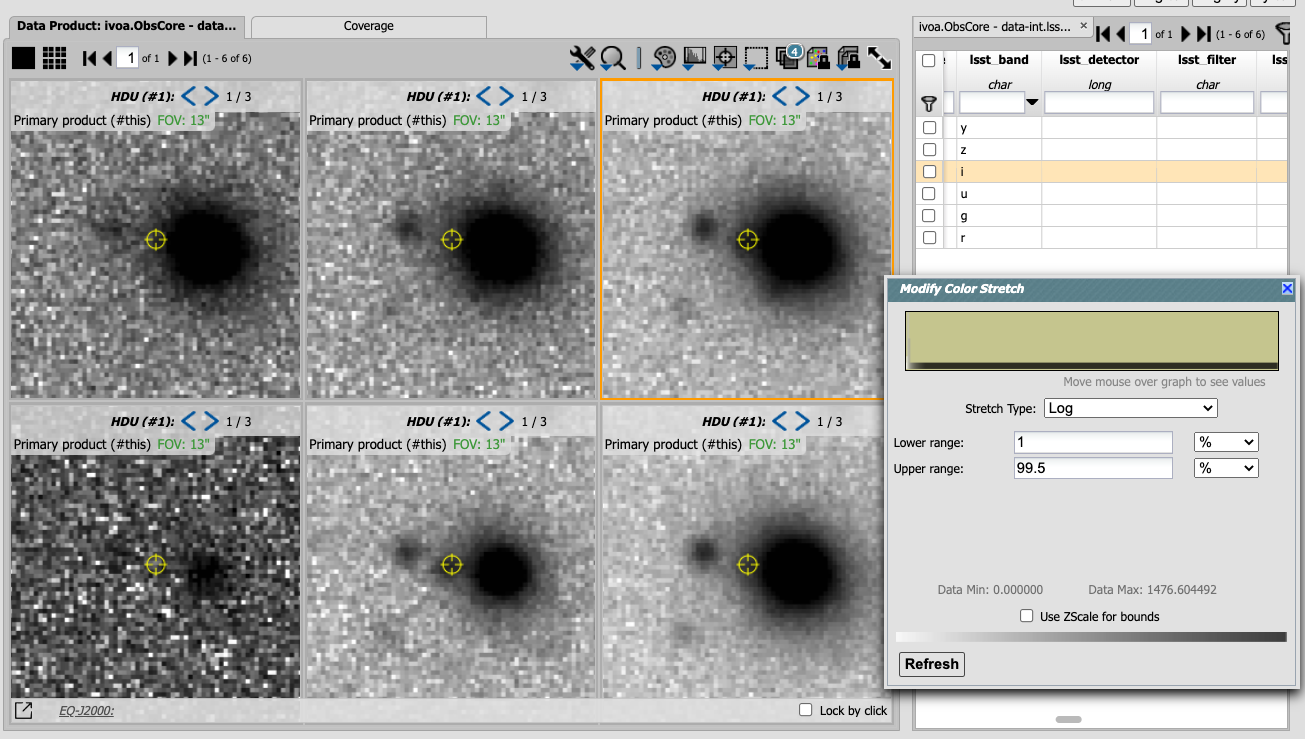 Six panel displays each of which shows a close up zoom of the supernova and possible host galaxy. To the right of the display is a pop-up window to modify the settings for the images.  The settings allows the user to select type type of stretch and the range used for the stretch.