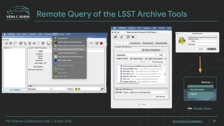 This image is a slide from a presentation about the Rubin Science Platform. It shows the Rubin logo at upper left and is titled Remote Query of the LSST Archive Tools. The footer contains text that says PST Science Collaborations Talk 13 April 2022. In the center of the slide are three screenshots of the TOPCAT interface. The first shows that the Table Access Protocol or TAP Query interface can be selected from the Virtual Observatory or VO menu. The second shows that Rubin’s DP0.2 can be selected from TOPCAT’s TAP Query interface. The third demonstrates how users enter their credentials in order to access the DP0.2 data.