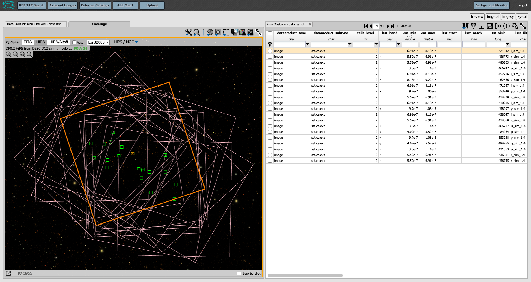 This image is a screenshot of a results interface display in the Portal aspect. At left the bounding boxes for images returned by the query are drawn onto an image of the night sky. At right there is a table which lists metadata such as visit identifier and units for the images returned by the query. The image demonstrates how users can click on a row in the table at right and the corresponding bounding box will be highlighted at left.