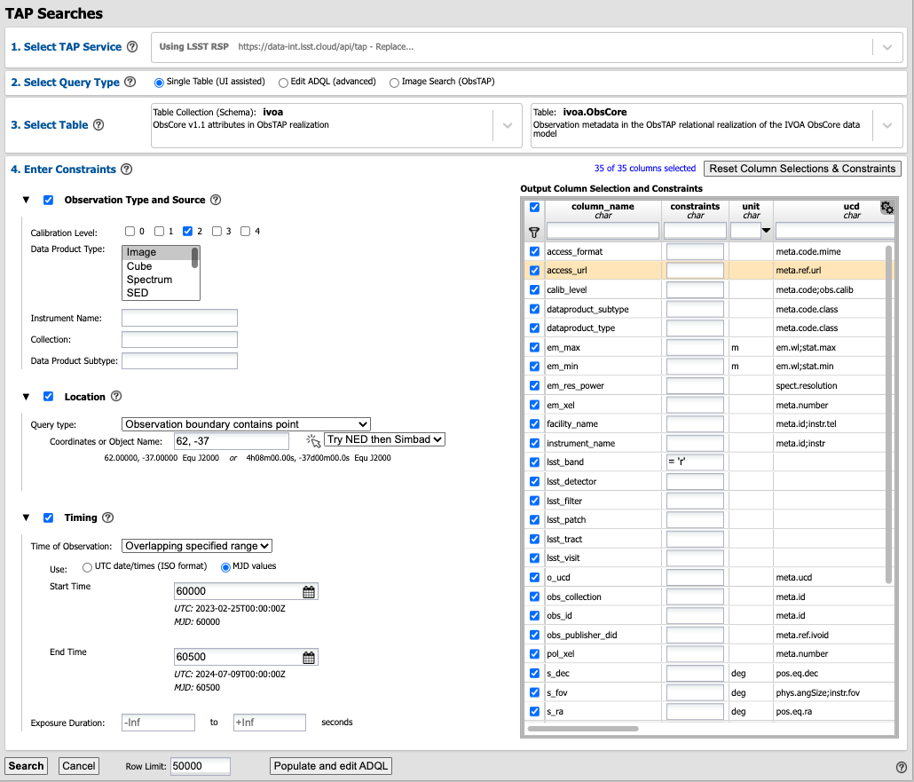 Screenshot of the user interface query for the portal aspect.  The user can select the type of service to use for the query and enter constraints to access the data they need.