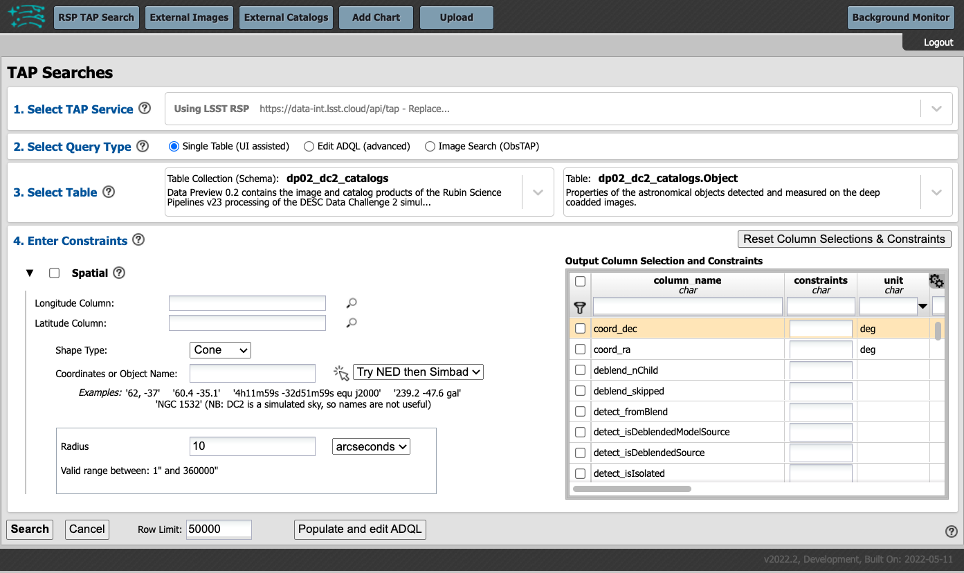 Screenshot of the defult view of the rubin science platform portal interface for single table queries. From this window the user can select the type of search, tables to search, select various constraints, and can select the number of rows to return.