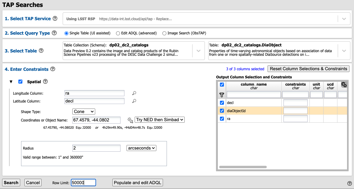 Screenshot of RSP portal interface DC2 difference image analysis object catalog query. Within this dialog box, the user can select the type of search, the image table collections, and various parameters to select information under investigation. (?)