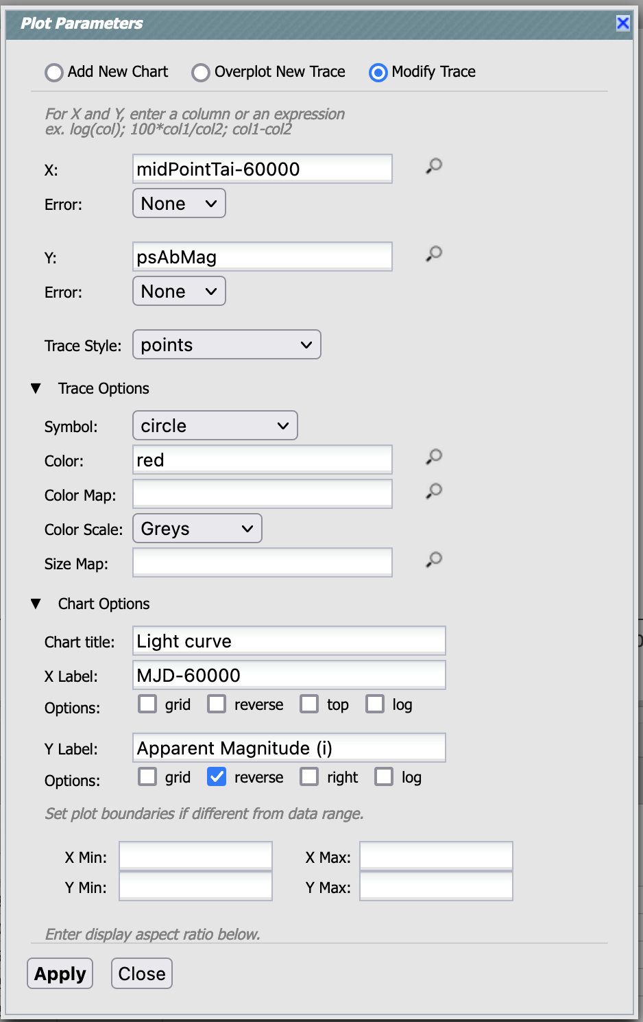 Plot parameters pop-up window, user can select various parameters then click apply and close to generate a light curve.