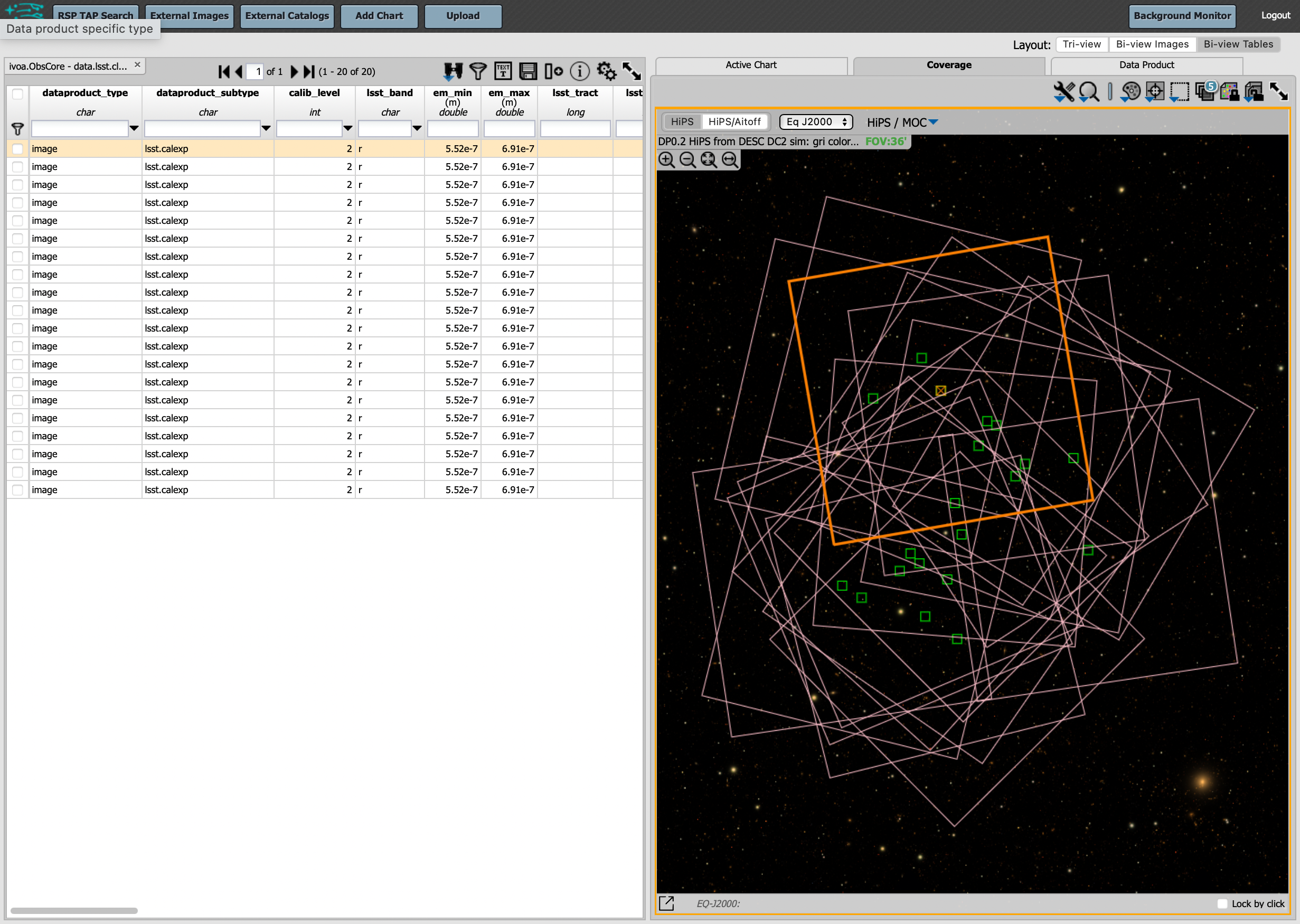 This image is a screenshot of a results interface display in the Portal aspect. At left the bounding boxes for images returned by the query are drawn onto an image of the night sky. At right there is a table which lists metadata such as visit identifier and units for the images returned by the query. The image demonstrates how users can click on a row in the table at right and the corresponding bounding box will be highlighted at left.