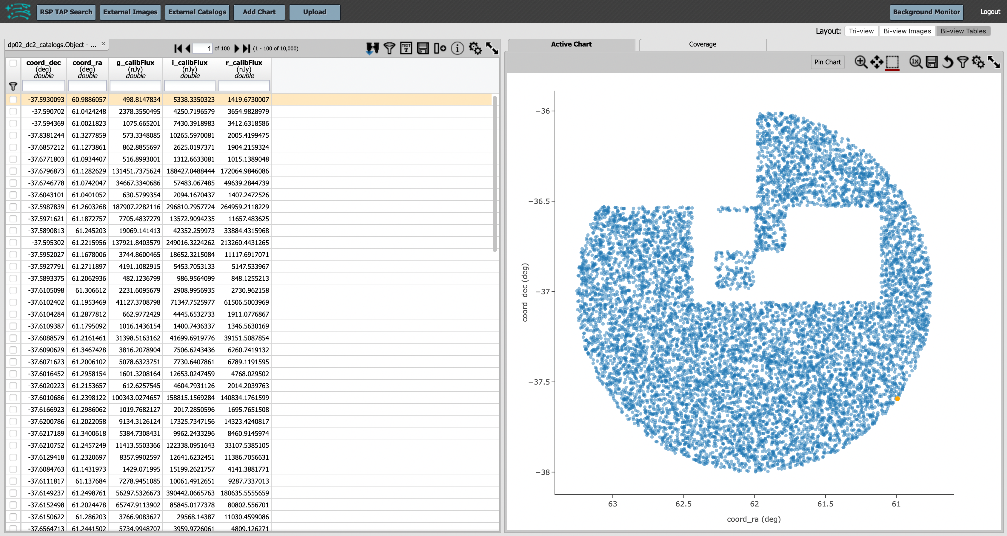 This screenshot of the portal after a search query is run.  The top image shows the density of selected sources within the search area. In this case, a circle of radius that is selected by the user centered at the right ascension and declination location selected by the user. The bottom panel displays the returned objects from the search query as a table.