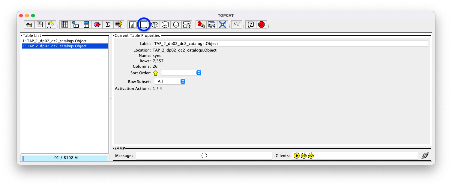 A screenshot of the main TOPCAT window.  It is composed of four main parts. 1. A row of icons along the top of the window.  2. A Table List panel on the left of the window; this currently shows two tables, called TAP_1_dp02_dc02_catalogs.Object and TAP_1_dp02_dc02_catalogs.Object; the second table is highlighted. 3. A Current Table Properties panel on the right of the window. 4. A small SAMP panel just below the Current Table Properties panel. The Plane plotting window icon circled in blue.