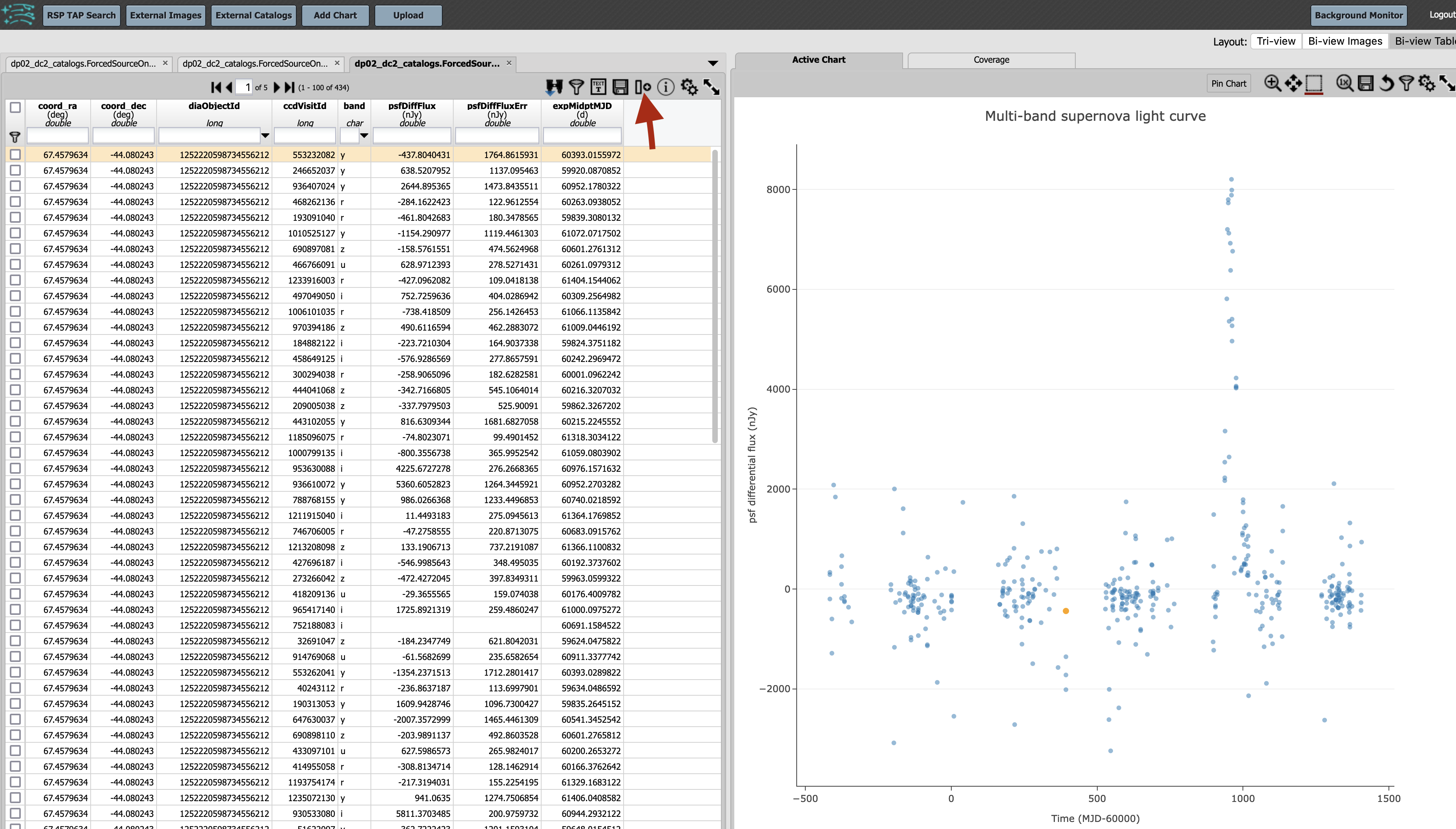 The results view table, with a red arrow pointing to the icon to add a column.