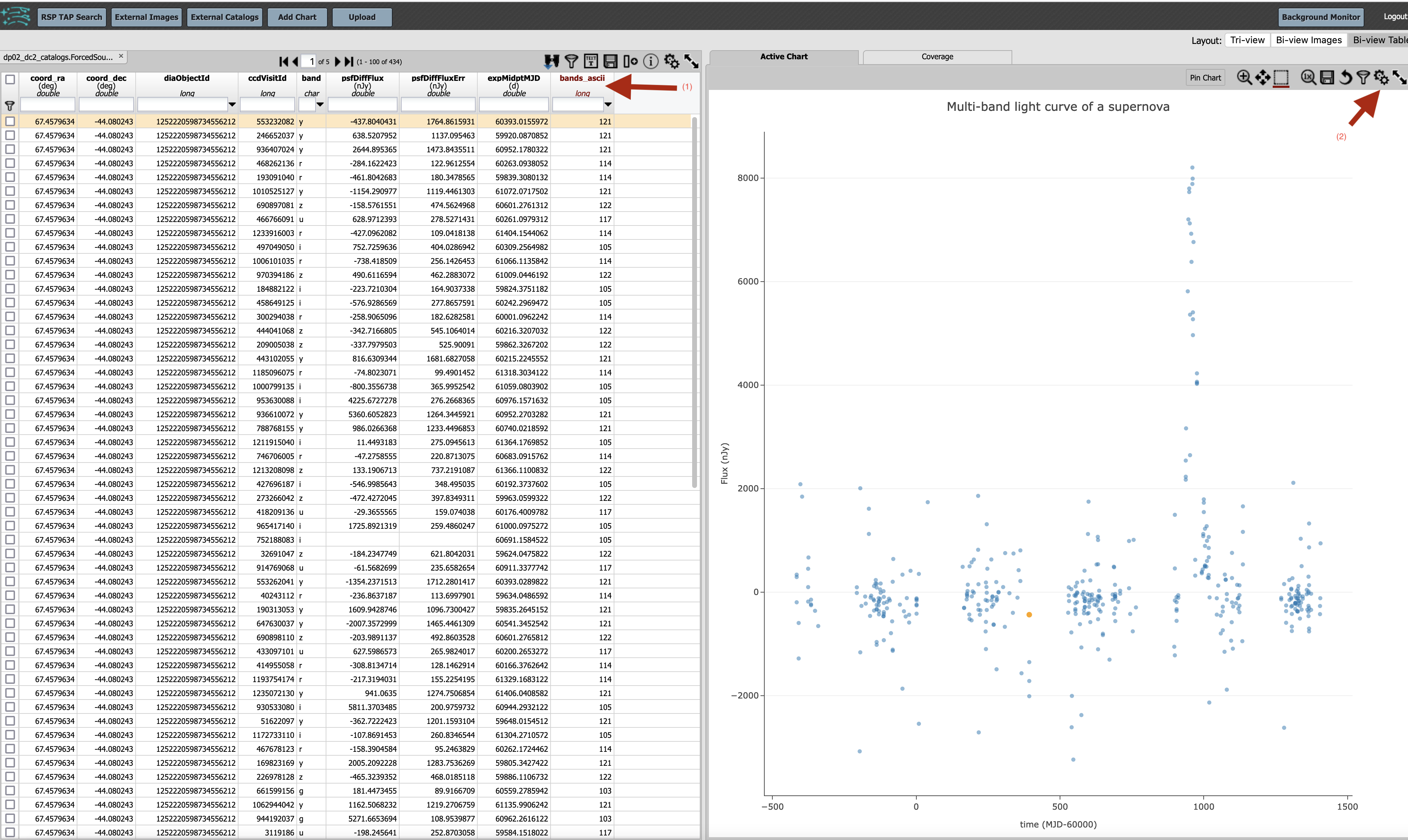 A screenshot of the results view page showing a new column named bands_ascii.