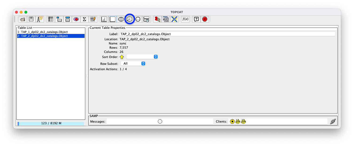 A screenshot of the main TOPCAT window.  It is composed of four main parts. 1. A row of icons along the top of the window.  2. A Table List panel on the left of the window; this currently shows two tables, called TAP_1_dp02_dc02_catalogs.Object and TAP_1_dp02_dc02_catalogs.Object; the second table is highlighted. 3. A Current Table Properties panel on the right of the window. 4. A small SAMP panel just below the Current Table Properties panel.