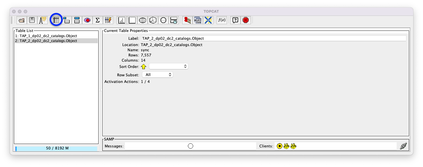 A screenshot of the main TOPCAT window.  It is composed of four main parts. 1. A row of icons along the top of the window.  2. A Table List panel on the left of the window; this currently shows two tables, called TAP_1_dp02_dc02_catalogs.Object and TAP_1_dp02_dc02_catalogs.Object; the second table is highlighted. 3. A Current Table Properties panel on the right of the window. 4. A small SAMP panel just below the Current Table Properties panel. The "Display table cell data" icon is indicated by a blue circle.