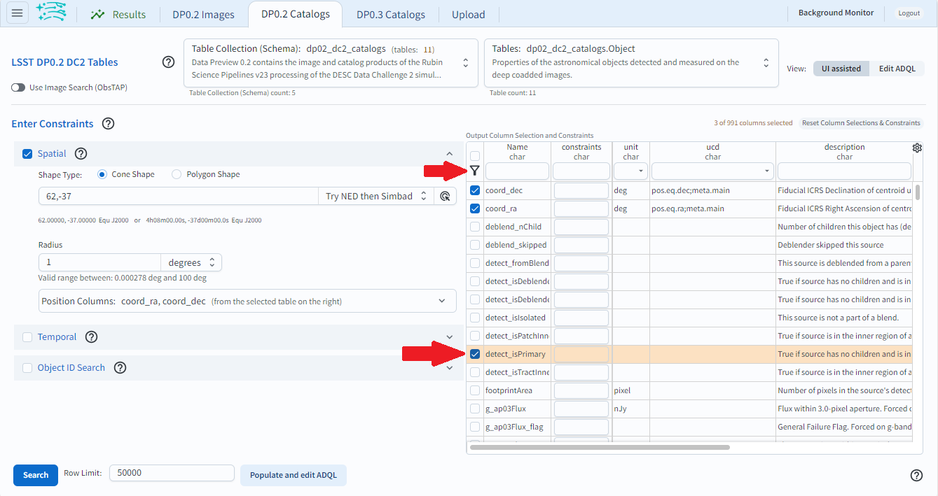 Select constraints by clicking on the box next to data to retrieve, then click on the filter icon to display the items selected.