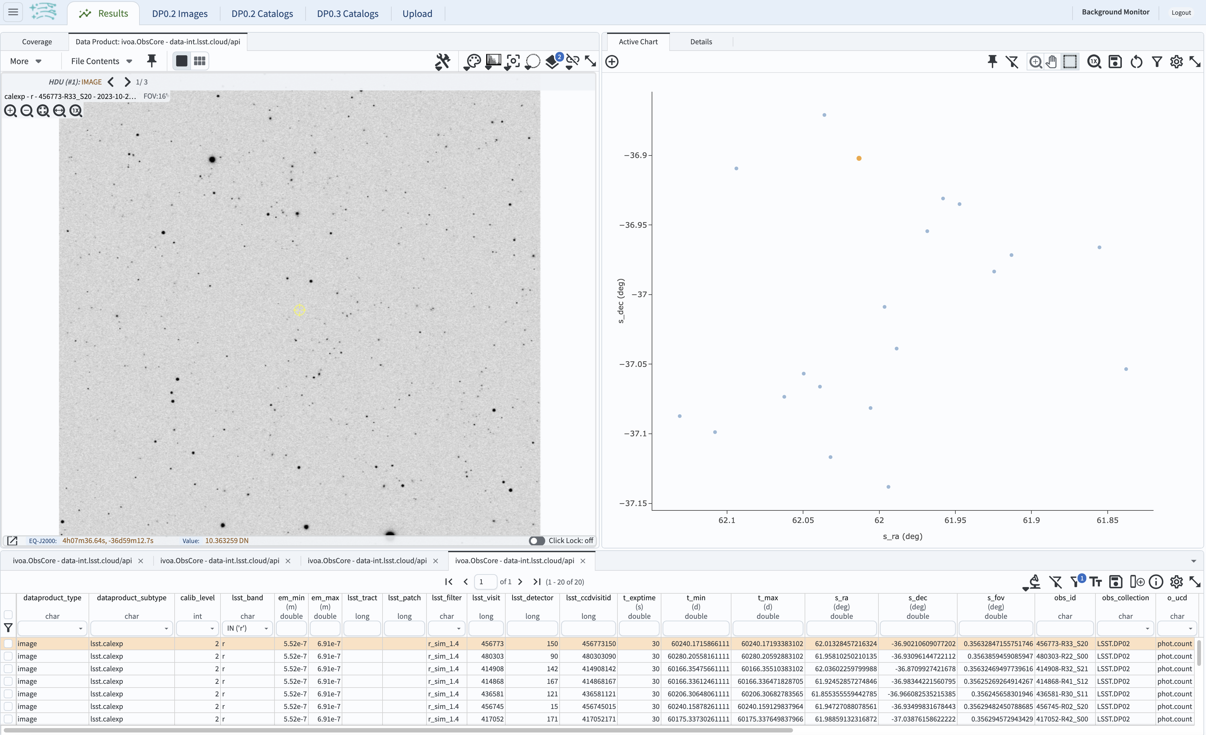 A screenshot of the results view from submitting the query described above.  The upper left image is an image of the sky.  The upper right image shows the cartesian scatter plot resulting from the query.  The bottom section is the data table resulting from the query. Results for the example search parameters.