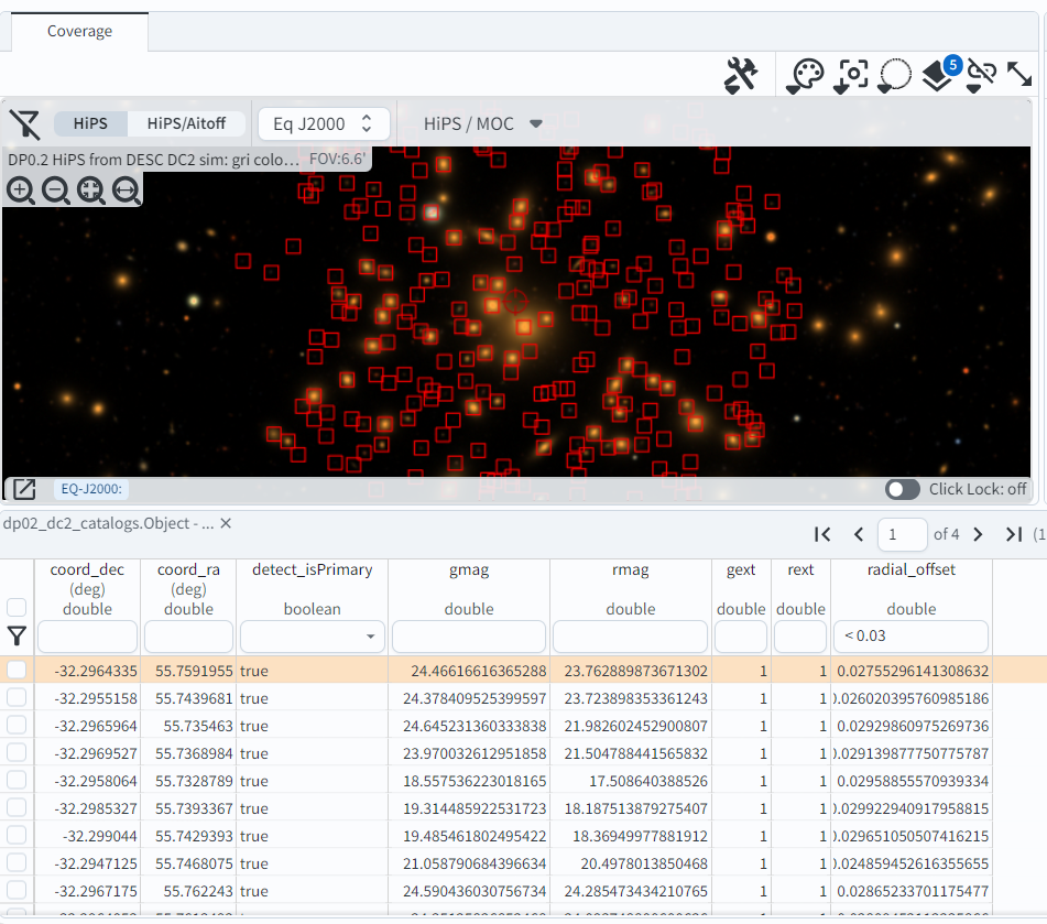 The sky image view of the galaxy cluster, with purple squares marking all objects within 0.03 degrees of the center.