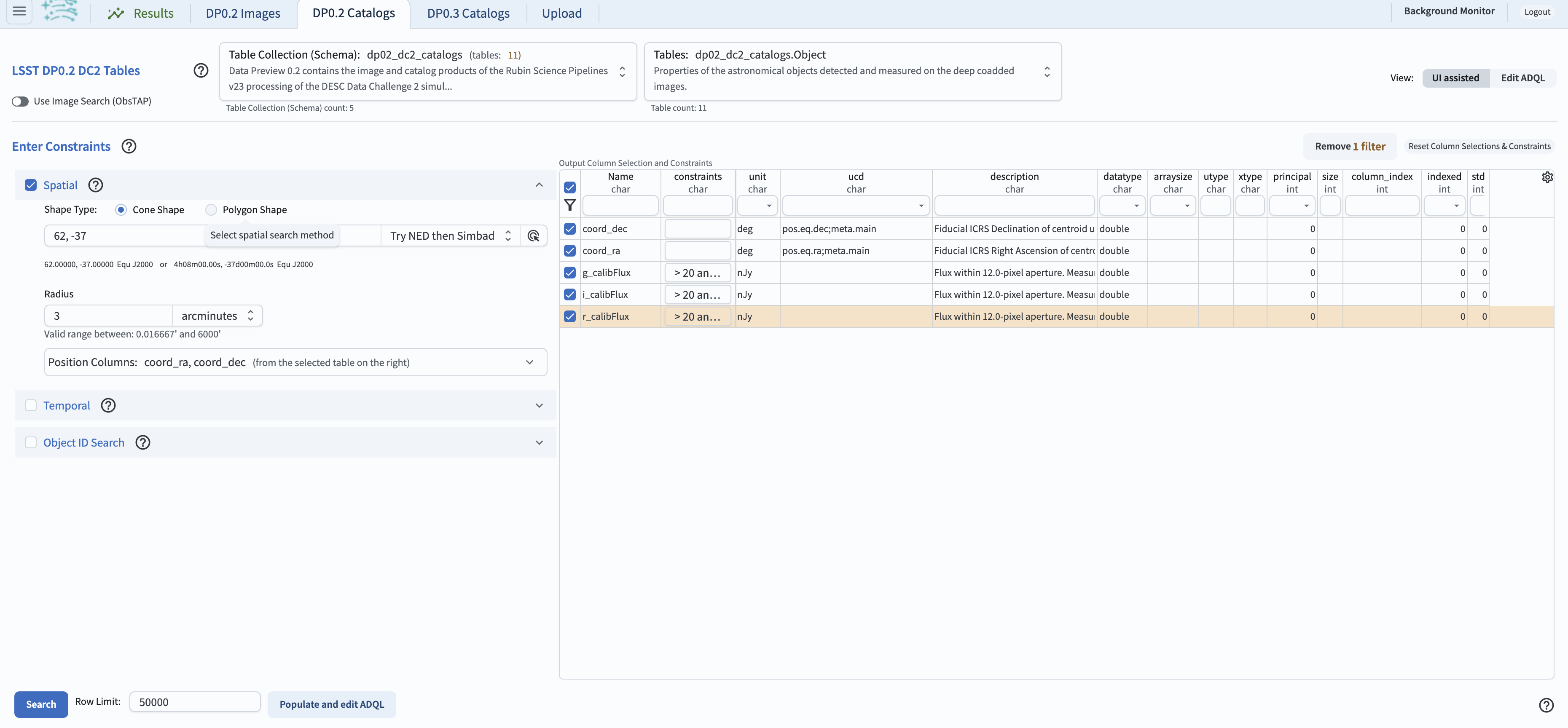 Screenshot of the rubin science platform portal query page.  The user can select the type of service, the table from which to gather data, and select attributes from the table and put constraints on those attributes.  The user may also select the number of data entries to return.